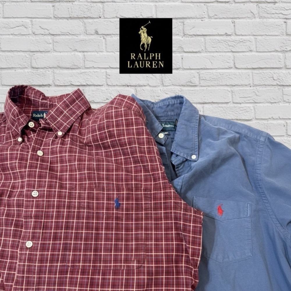 🔥Lot of 2 Ralph Lauren 🤑Button Down Shirts Plaid Maroon& Blue sz M